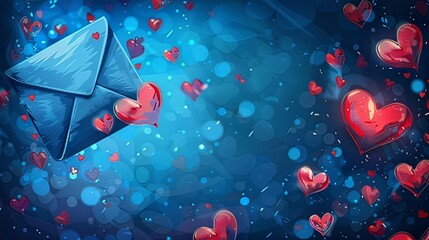 Horizontal AI illustration enigmatic blue love letter with floating hearts. Religion and culture.