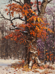 A painting depicting a tree standing in a snowy landscape with snow-covered branches and a white background