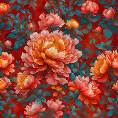 Peony Flowers on Red Background with Intricate Leaf Veins Gen AI