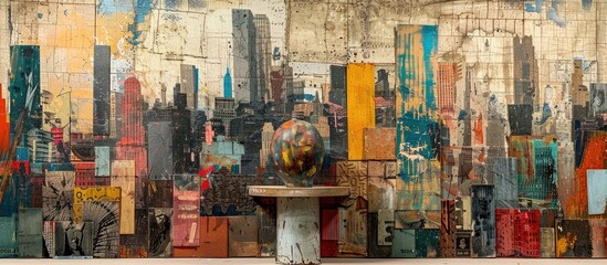 Mixed Media Collage of New York Cityscape Featuring Quirky Earth Sculpture on Textured Wall