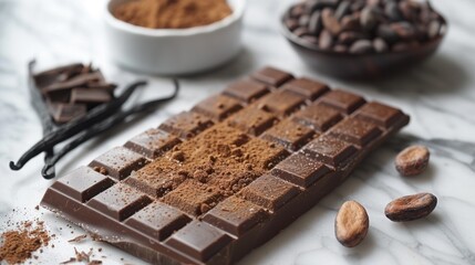 Chocolate. Beautiful chocolate background. Sweet food photography concept. Dark chocolate, crushed cocoa beans, fruits on a delicate background.