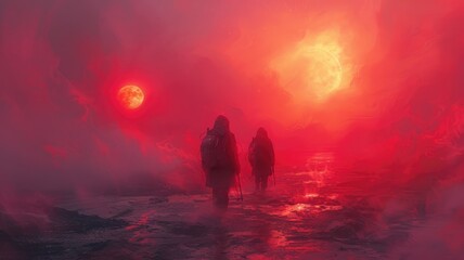 Adventurers in a red ethereal misty world - Two adventurers journey through a hauntingly beautiful landscape engulfed in red ethereal mists