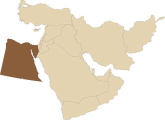  Dark brown detailed CMYK blank political map of EGYPT with black national country borders on transparent background using orthographic projection of the light brown Middle East