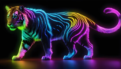 Growling Neon Abstract  multicolored Tiger on a dark bokeh background
