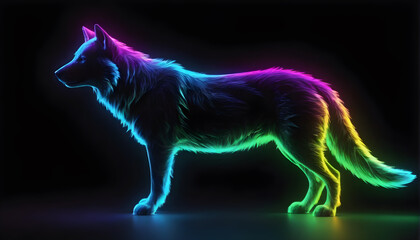 Obraz na płótnie Canvas Growling Neon Abstract multicolored Dog on a dark bokeh background 