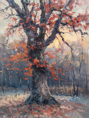 A painting of a tree with vibrant red leaves, showcasing the beauty of autumn foliage