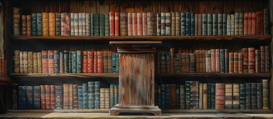 Antique Wooden Podium Amidst a Literary Haven: A Cozy Library's Emblem of Knowledge and Intellect