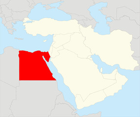  Red simple CMYK blank political map of EGYPT with black national country borders on gray  continent background and blue sea surfaces using orthographic projection of the highlighted beige Middle East
