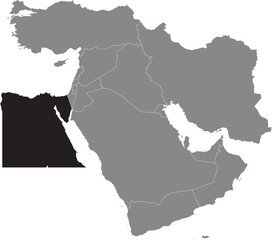 Black detailed CMYK blank political map of EGYPT with white national country borders on transparent background using orthographic projection of the gray Middle East