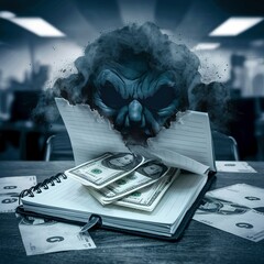corruption at workplace. Dollars inside of the notepad. Corruption conceptual photo. - obrazy, fototapety, plakaty