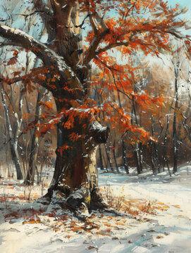 A painting depicting a tree standing in a snow-covered landscape