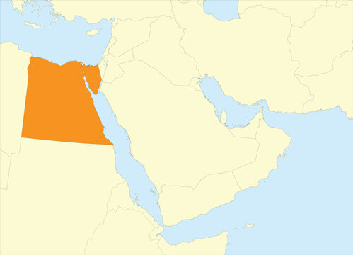  Orange detailed CMYK blank political map of EGYPT with black national country borders on beige continent background and blue sea surfaces using orthographic projection of the Middle East