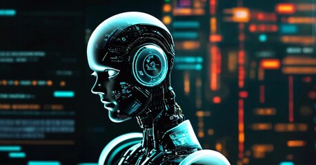 Artificial intelligence robot at a computer, advanced technology, robotics and innovation