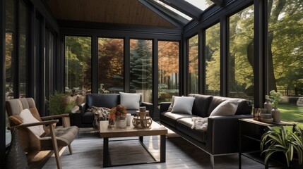 Fototapeta premium Sunroom combining charcoal stained cedar and matte black accents.