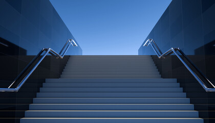 Empty black stairs in pedestrian subway. 3D Render. Marble or concrete staircase to the top with...