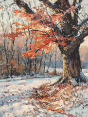 A painting of a tree standing tall in a winter landscape, covered in a blanket of snow