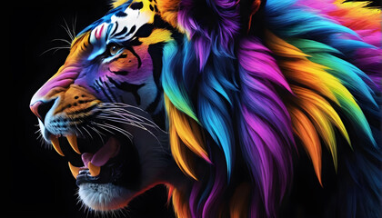 Fototapeta na wymiar Growling Neon Abstract multicolored Lion on a dark bokeh background 