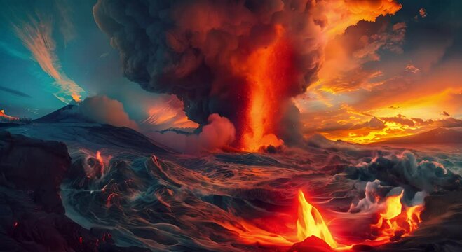 Volcano eruption with lava flow in dark
