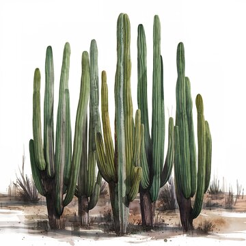 green cactuses isolated white watercolor