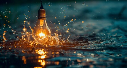 A light bulb surrounded by splashing water, creating a dynamic and visually striking scene