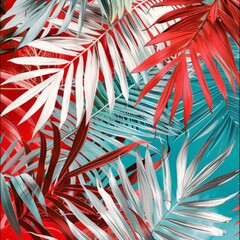 Red and white palm tree leaves are set against a vibrant blue background