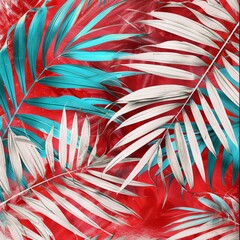 Vibrant red and blue background featuring lush palm leaves in a tropical setting