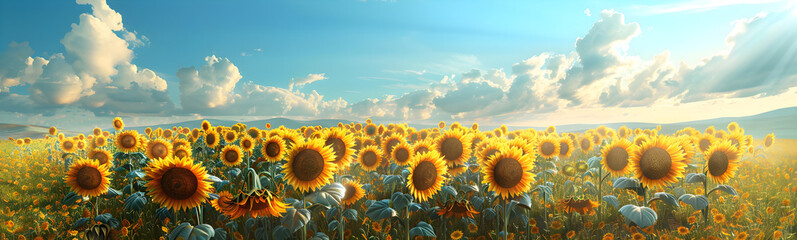 A 3D illustration of a sunflower field, isolated and cut out, perfect for nature-themed designs or agricultural promotions. - obrazy, fototapety, plakaty