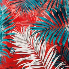 Painting featuring vibrant palm leaves against a bold red background, showcasing tropical foliage in striking contrast
