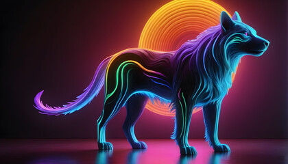 Growling Neon Abstract  multicolored Dog on a dark bokeh background
