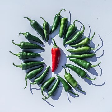 One Red Chili pepper with Group Green chili peppers on white background