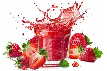 Delicious strawberries juice splash white background.