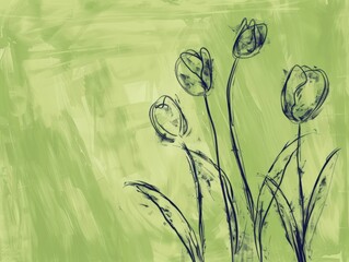 Drawing of three tulip flowers in different colors, set against a vibrant green background