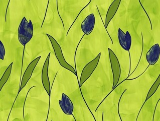 A painting featuring vibrant blue flowers against a solid green backdrop, creating a striking contrast