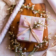 Romantic background. Gift box with rolled wishes paper gift pack on the wooden board.