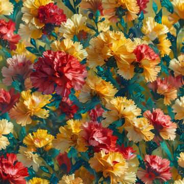 Carnation Flowers on Vibrant Yellow Background with Shiny Petal Reflection Gen AI