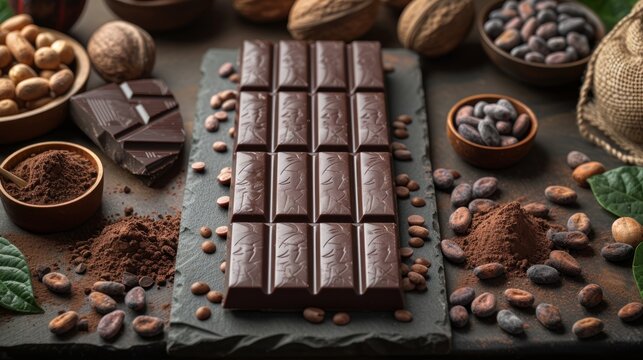 Chocolate. Beautiful chocolate background. Sweet food photography concept. Dark chocolate, crushed cocoa beans, fruits on a delicate background.