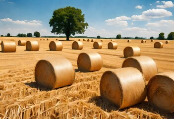 A picturesque scene of a bountiful harvest, with golden straw bales neatly stacked in a vast field under the clear blue sky, captured in stunning high - obrazy, fototapety, plakaty