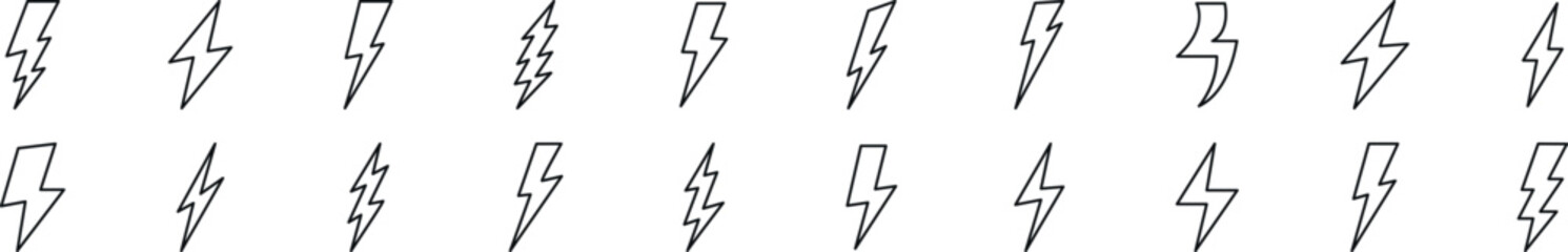 Collection of thin line icons of lightning. Editable stroke. Simple linear illustration for web sites, newspapers, articles book