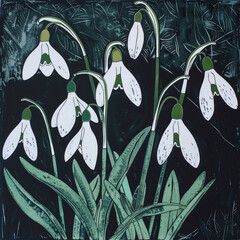 A painting featuring white flowers set against a black background, showcasing delicate petals and intricate details