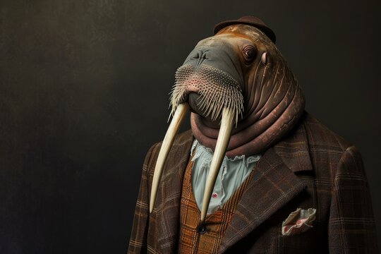 Distinguished Anthropomorphic walrus wearing business manager suit. Sea water animal dressed in executive director. Generate ai