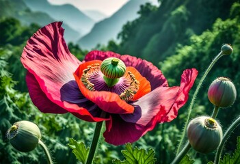 A vibrant opium poppy swaying gently in the breeze, its seed pod bursting with potential, captured in exquisite detail against a backdrop of lush greenery. - obrazy, fototapety, plakaty