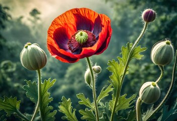 A vibrant opium poppy swaying gently in the breeze, its seed pod bursting with potential, captured in exquisite detail against a backdrop of lush greenery. - obrazy, fototapety, plakaty