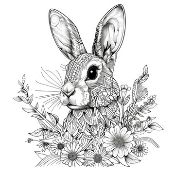 A beautiful black and white tribal bunny coloring page for kids. A rabbit coloring book for adults.