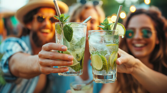 Happy friends having fun drinking mojito cocktails on happy hour