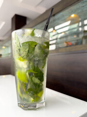 Mahito cocktail with lime, ice and mint