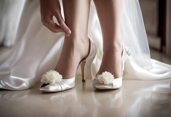 The tender moment of a bride slipping into her satin wedding shoes, her anticipation and excitement palpable, as she prepares to walk down the aisle, all portrayed in exquisite HD clarity.