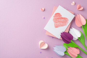 Mother's Day craft idea shown from top view: paper tulips, a card with hand drawn heart, plus hearts and confetti on a soft lilac backdrop, space for text