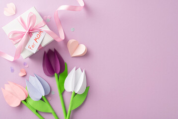 Homemade gift for mom: Top-view photo of crafted paper tulips, gift in ribbon with "for mum" label, heart cutouts, and confetti on a lavender background, text space
