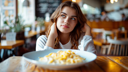 pretty young woman in restaurant, pretty young woman eating pasta in the restaurant, pasta with melted cheese