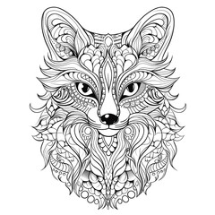A black and white ink coloring page of a fox for adult. Coloring book for kids. A beautiful fox outline illustration for postcard, label, tattoo, woodcut, and your diy projects